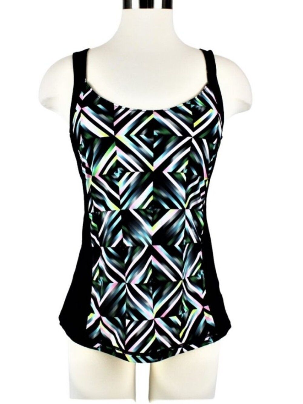 Swim Tankini Top Only Cut-Out Back Slimming Side Panel-Black Multicolor Size M